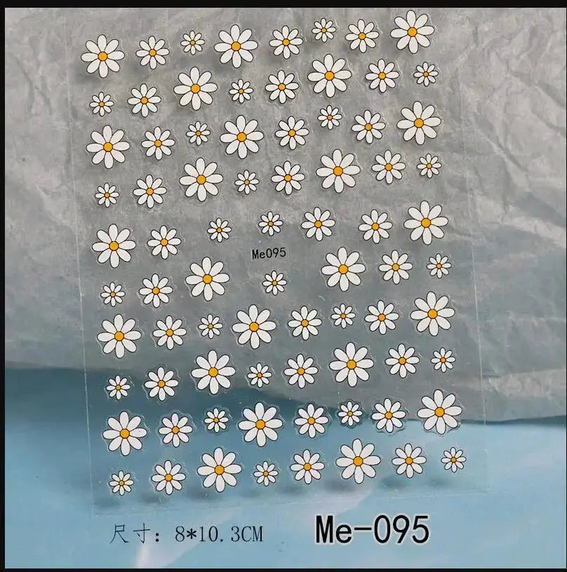 Daisy nail art sticker sheet with white petals and yellow centers, Me-095 (8x10.3 cm)