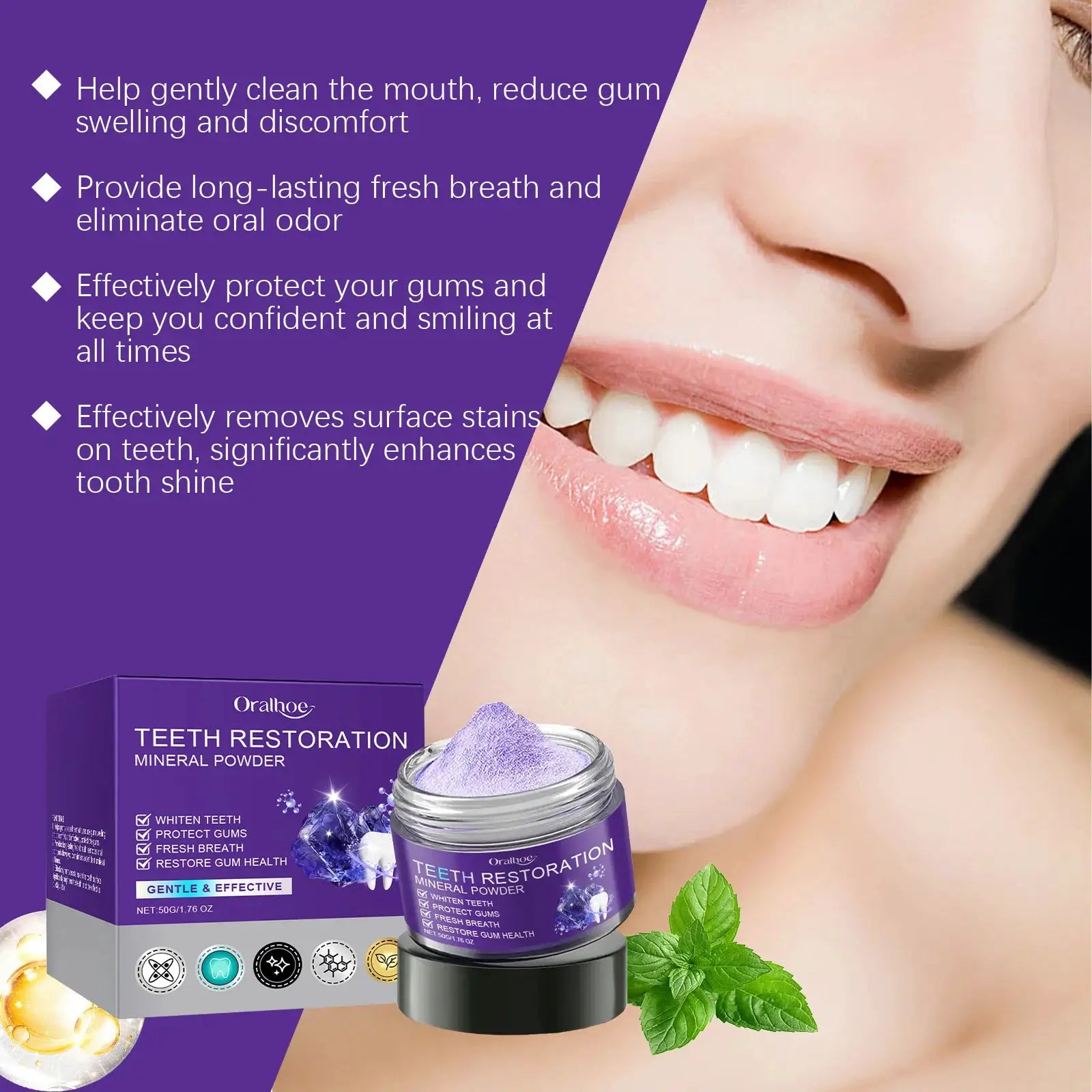 Teeth Restoration Purple Powder by Oralhoe in purple box and jar, with mint leaves