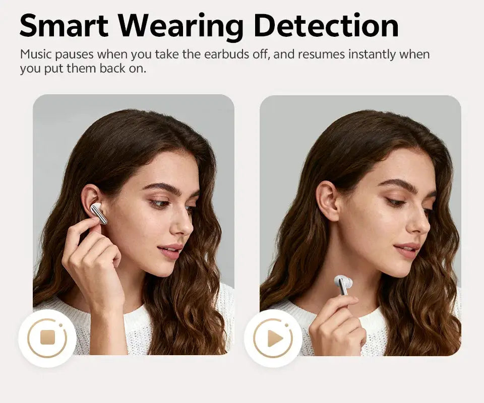 QCY MeloBuds N60 HT19 wireless earphones with silver earbuds, shown in two side-by-side views.