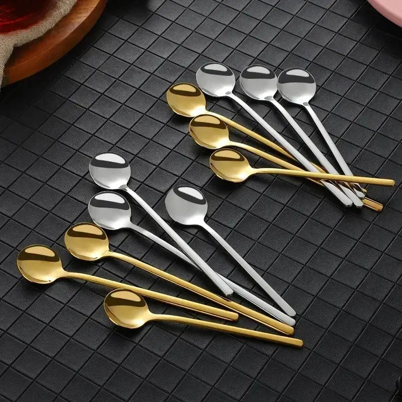 Cute Long Handle Stainless Steel Gold Finish Coffee Dessert Ice Cream Spoons Kitchen Tableware Set for Wedding