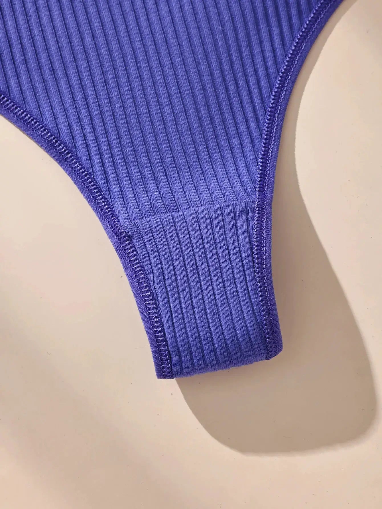 Purple ribbed cotton thong panty with elastic trim