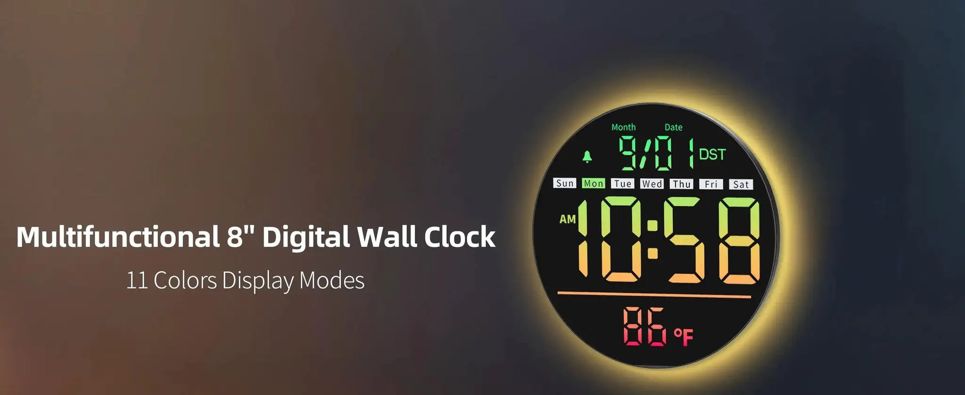 Simples Market 8-inch LED wall clock with timer, date, temp, alarm, night light and RGB display
