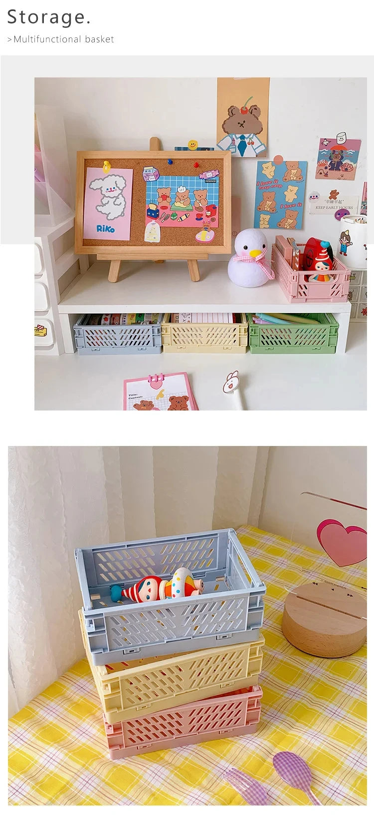 6-color plastic storage baskets set in pastel blue, pink, yellow, and beige, stacked on a shelf.