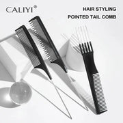CALIYI 3-piece hair styling comb set with pointed-tail metal tails and smoothing brushes, black