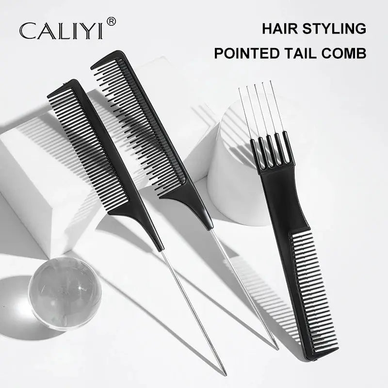 CALIYI 3-piece hair styling comb set with pointed-tail metal tails and smoothing brushes, black