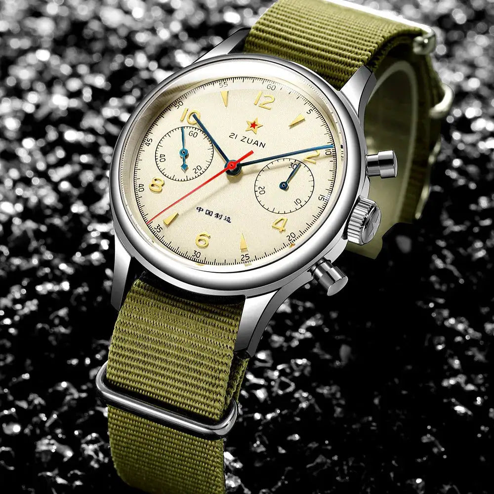 Red Star chronograph watch with beige dial, blue hands and olive nylon strap