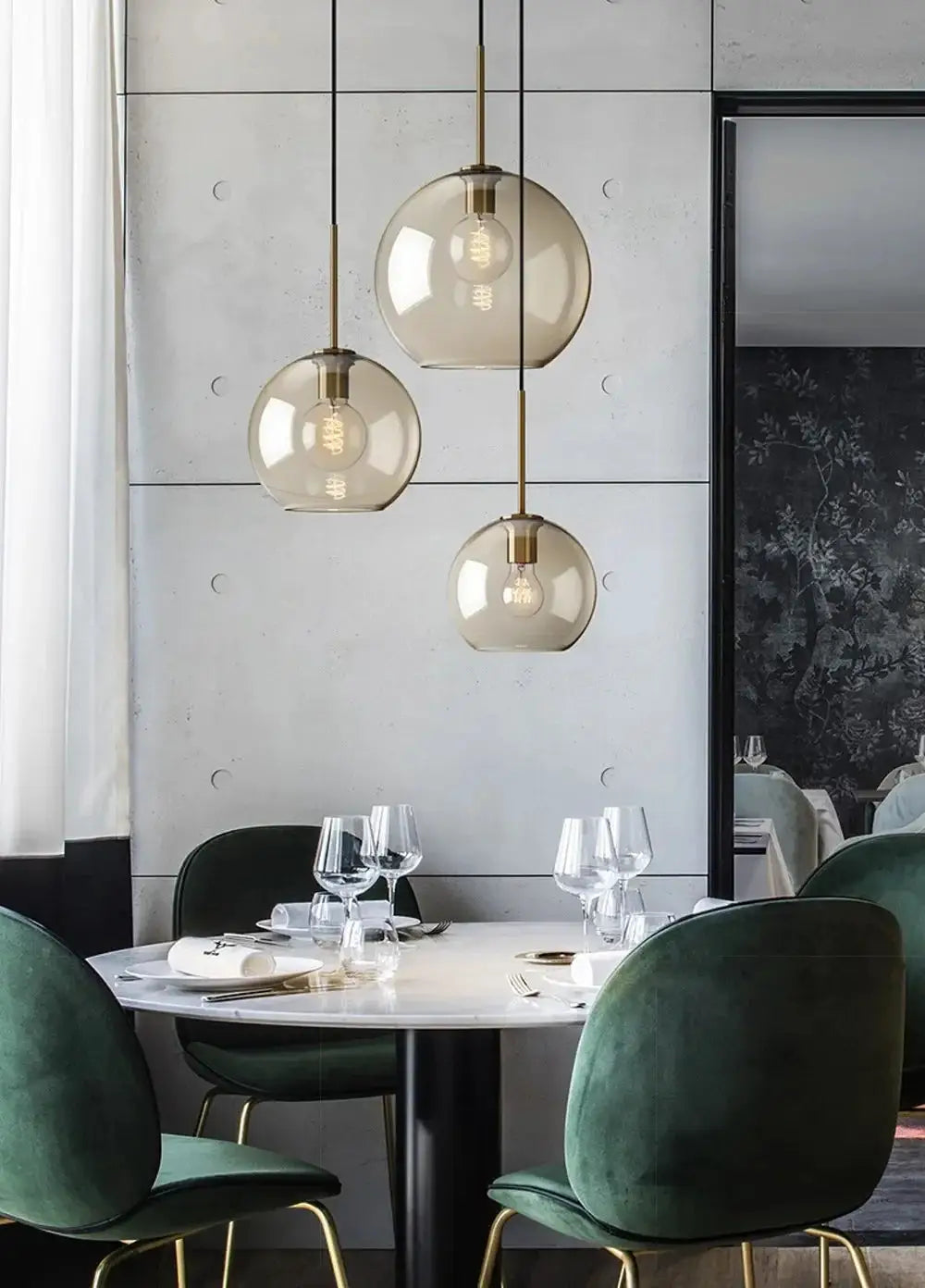 Nordic LED glass chandelier pendant light, three amber glass globes with brass accents for dining room