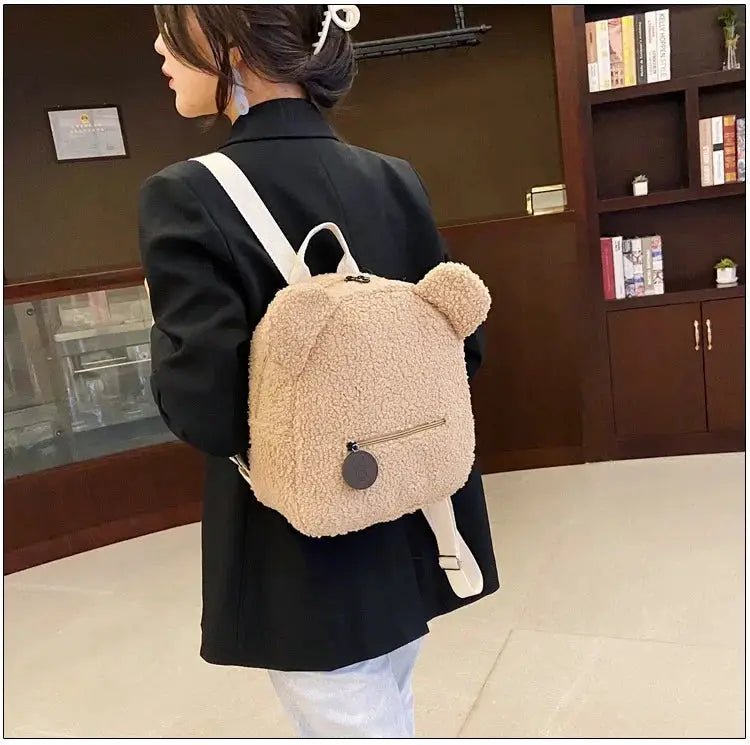 Bear-ear fleece small backpack beige plush daypack for kids with front zip pocket
