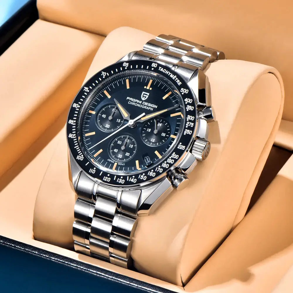 PAGANI DESIGN New Moon men's chronograph watch with stainless steel bracelet and black dial