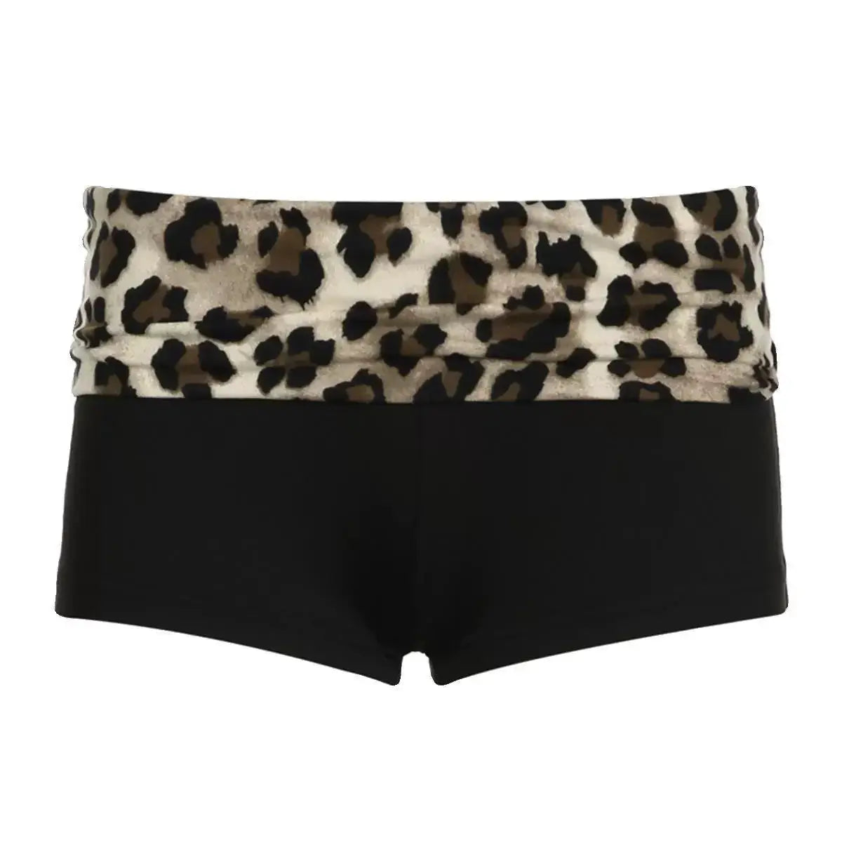 Women’s black low-waist booty shorts with a leopard-print contrast waistband