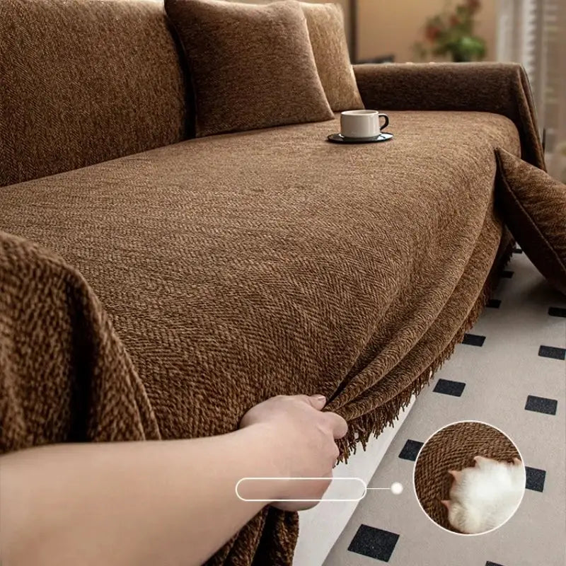 Brown chenille sofa towel with tassel-edge for home decor and relaxation
