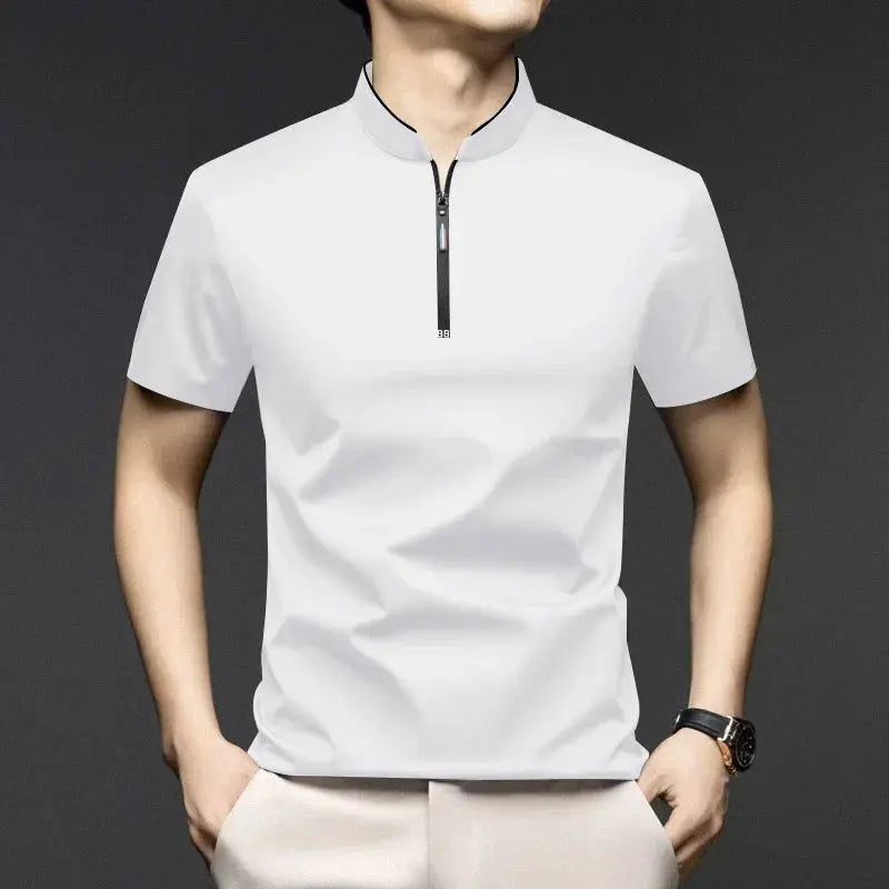 Simples Market men's zip polo shirt in white, short sleeves with stand-up collar and sleek zipper detail