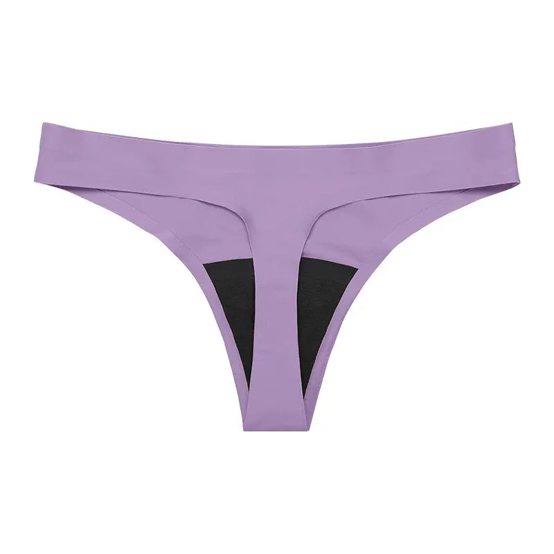 Thong underwear in lavender, seamless low-waist with black lining.