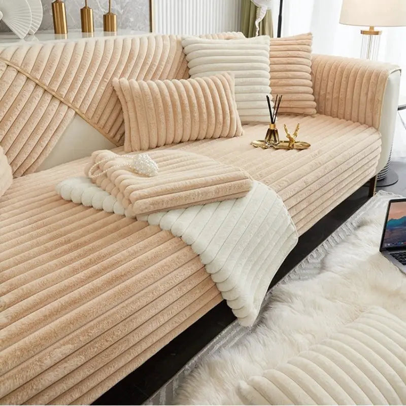 Thicken Plush Stripe Imitation Rabbit Fur Non-Slip Sofa Cover in peach beige for winter living room couch decor