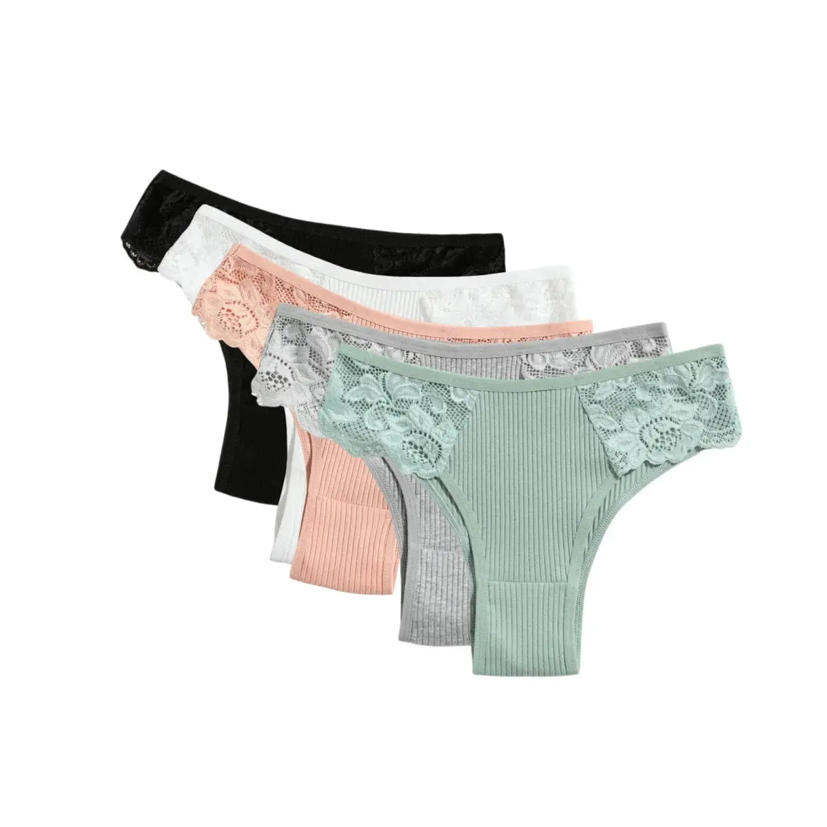 Simples Market 5-pack women's cotton panties with lace side panels in black, white, peach, gray, mint; low-rise briefs.