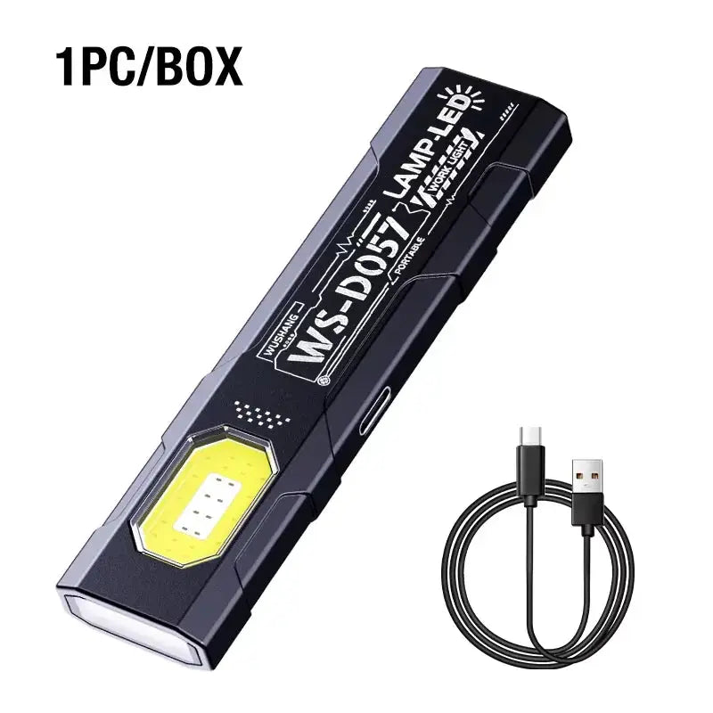 Portable waist-hanging keychain flashlight with USB charging cable, black body and bright LED