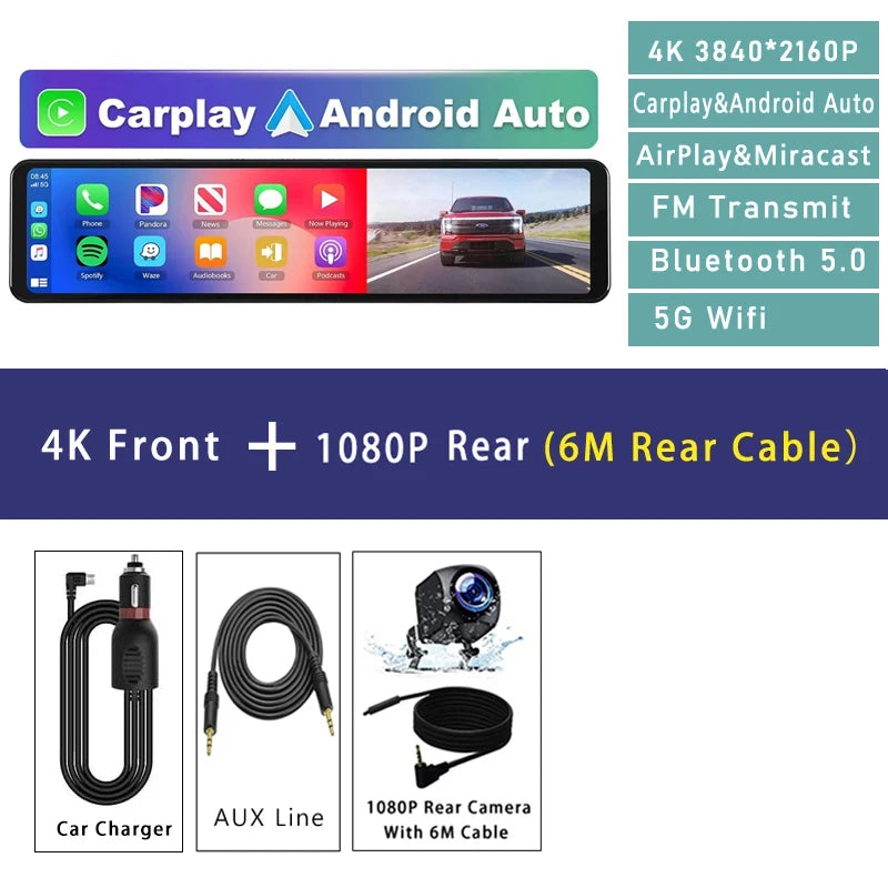 11.26 Inch 4K Car DVR With CarPlay Android Auto Dash Cam GPS WiFi