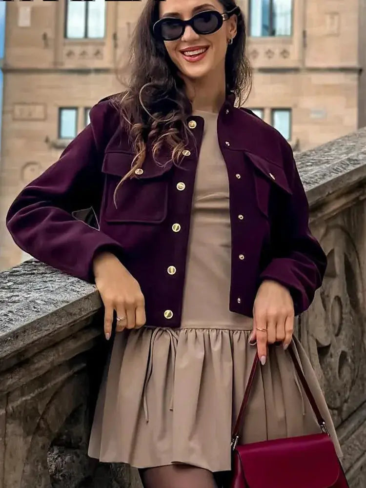 HH 2024 Fashion Women Soft Tweed Bomber Jacket O Neck Long Sleeve Pockets Button Closure Loose Woolen Coat Streetwear