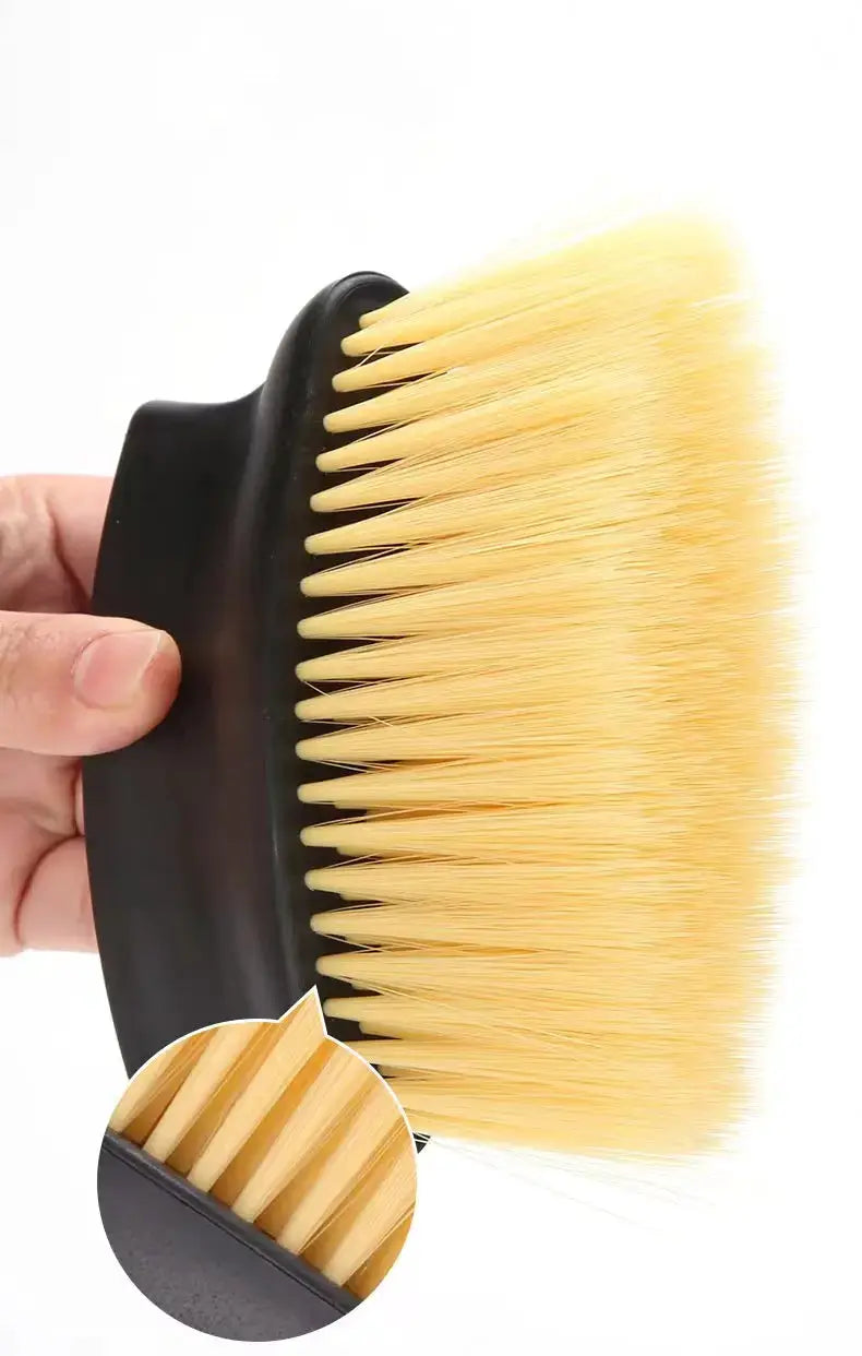 Car interior dust brush with soft beige bristles and black handle