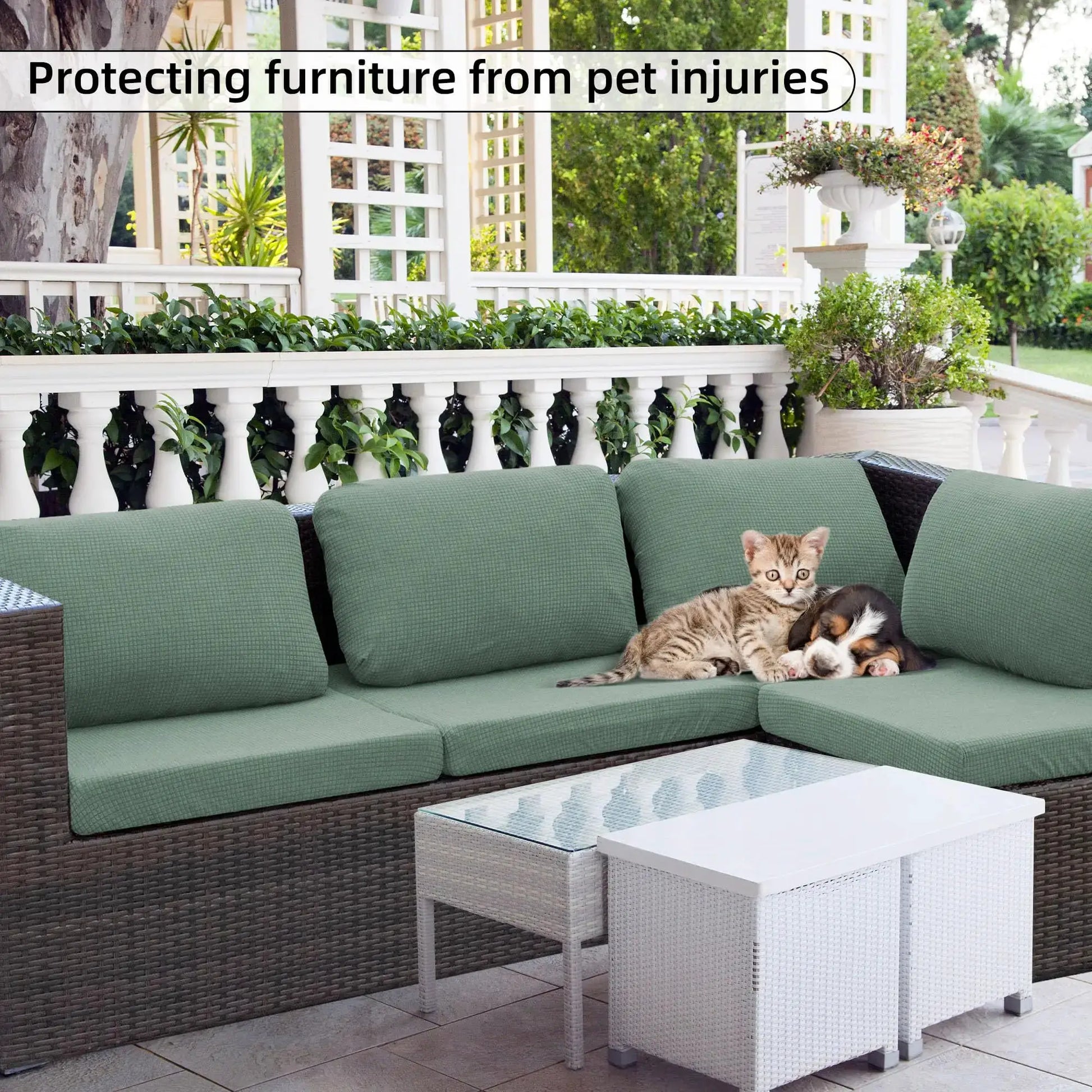 Jacquard patio sofa cushion cover by Simples Market; universal outdoor stretch, solid green waffle pattern