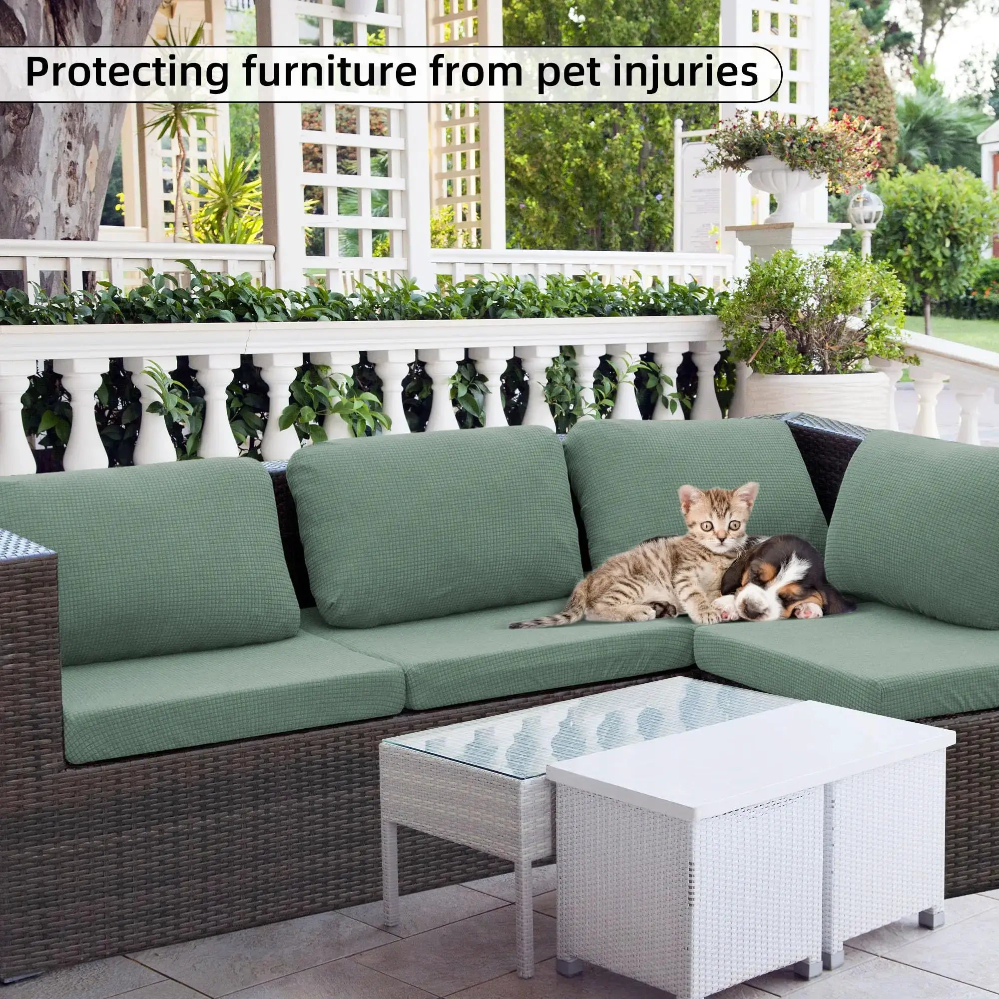 Jacquard patio sofa cushion cover by Simples Market; universal outdoor stretch, solid green waffle pattern