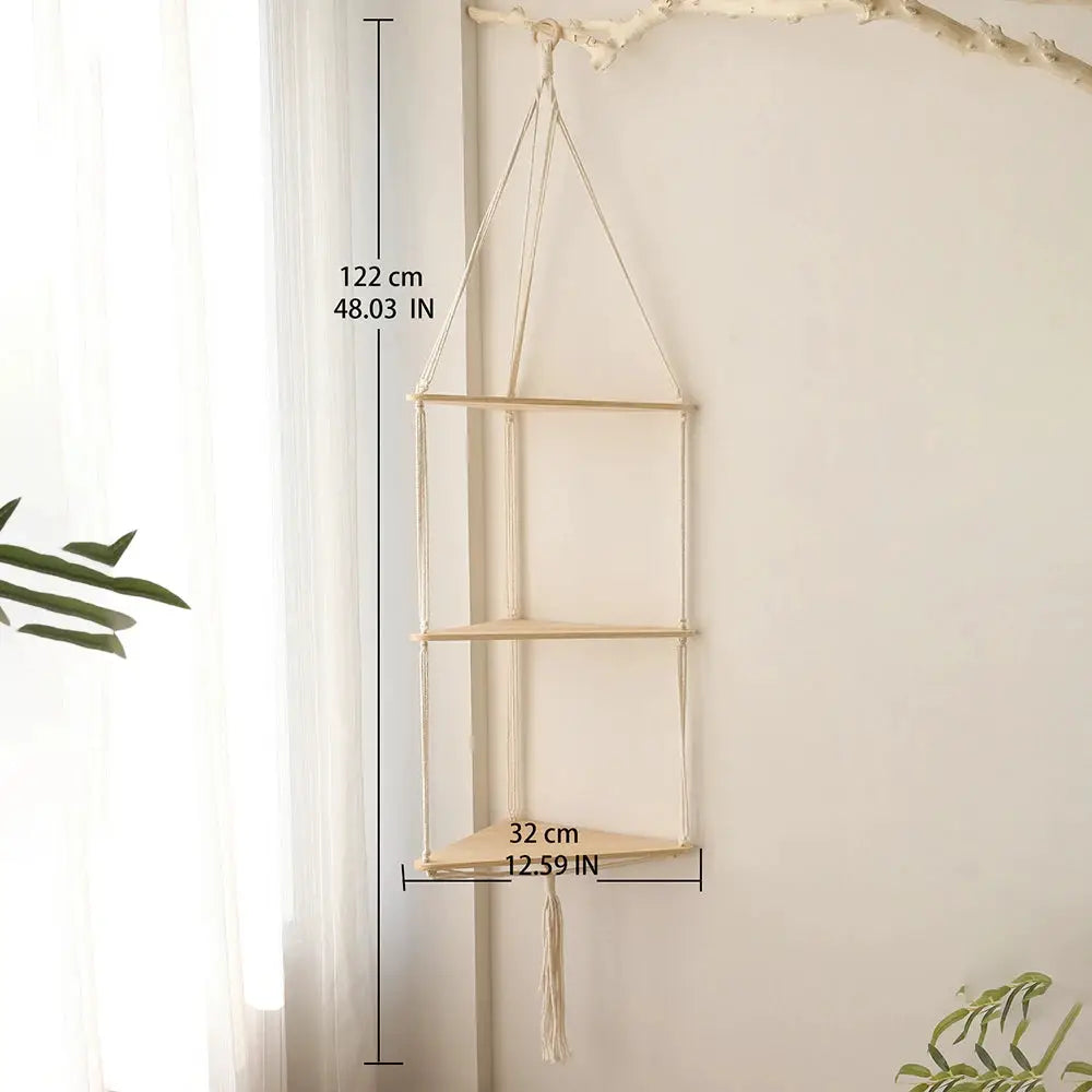 3-tier wooden hanging wall shelf with rope supports in triangle corner design and natural finish