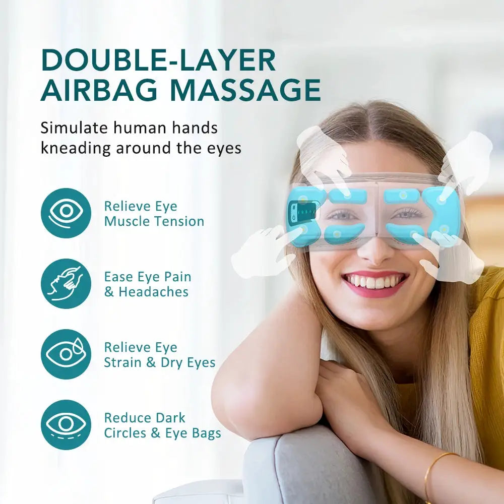 Foldable eye massager with blue airbag goggles by Simples Market; Bluetooth music and vibration massage.