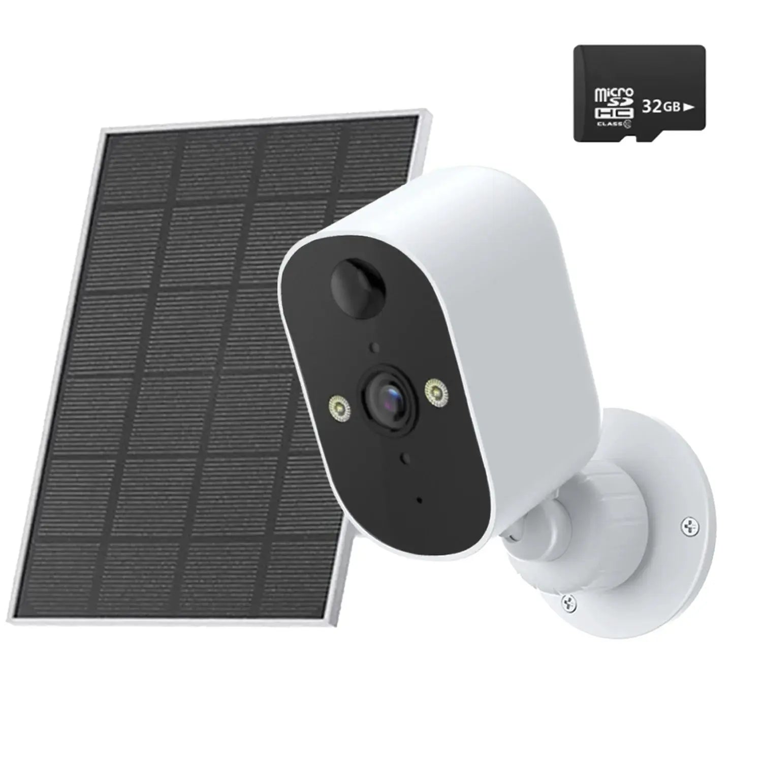 XVIM white solar security camera with black front panel, solar panel, and 32GB microSD card