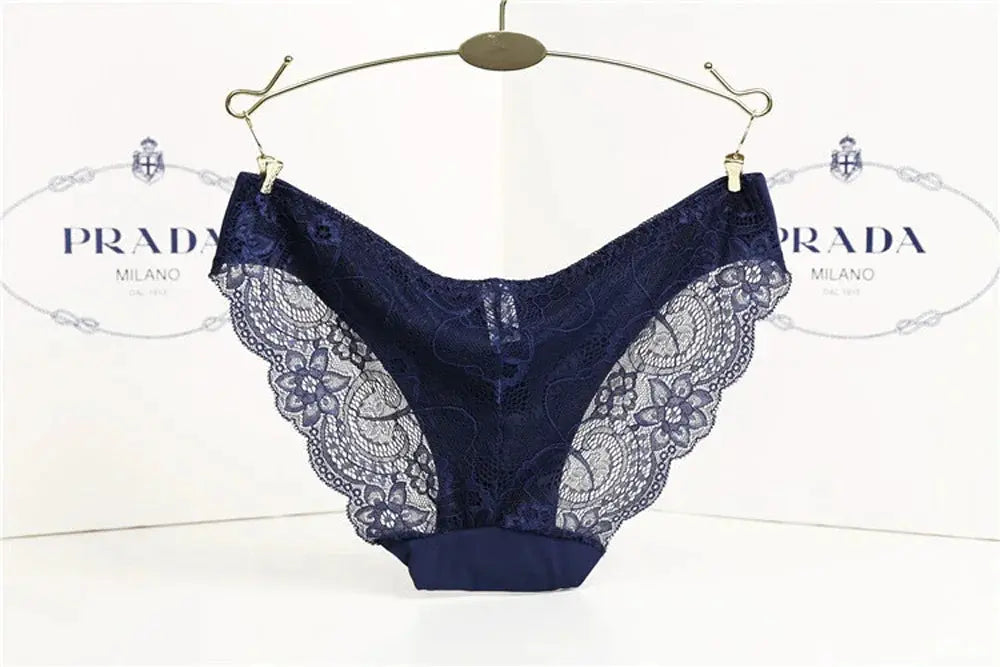 Simples Market navy blue lace panties with floral sheer panels Prada backdrop
