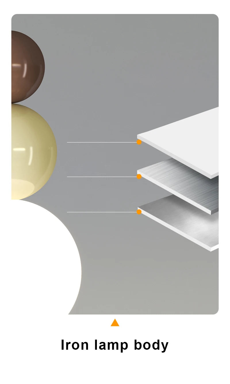 Nordic pendant light with iron body, cream and brown glass bulbs, and layered white shade panels