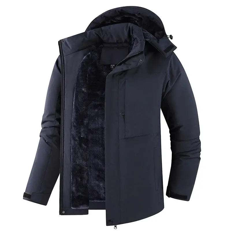 Men's navy winter parka jacket with hood, fleece-lined interior and waterproof windproof shell