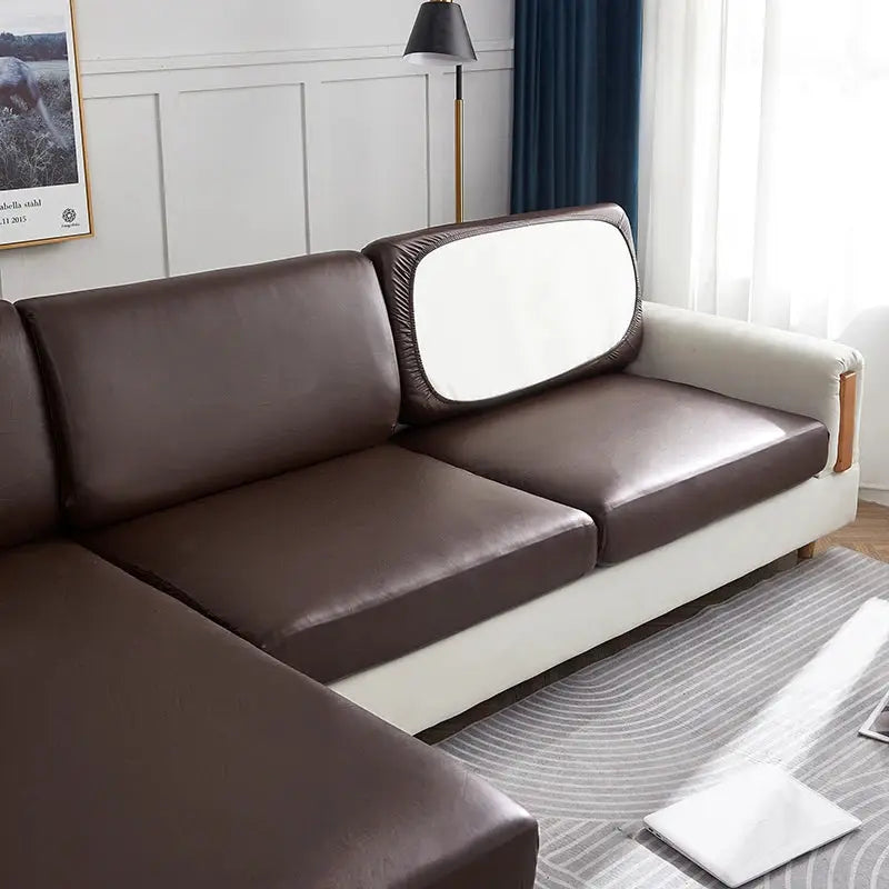 PU waterproof sofa cover for corner couch; solid brown elastic stretch slipcover for easy cleaning.