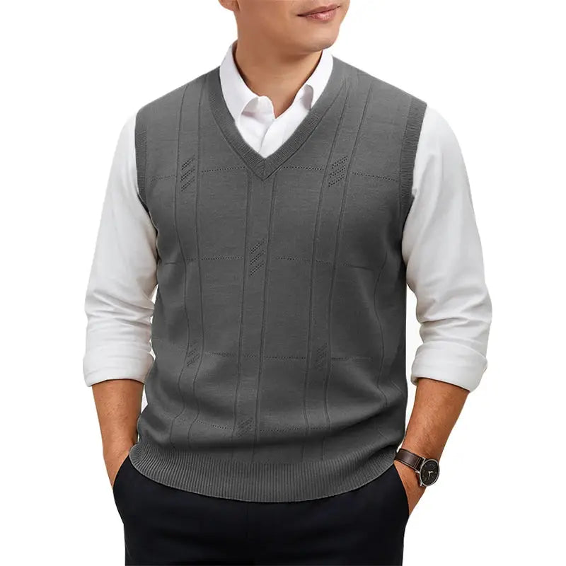 Simples Market men's lightweight sleeveless v-neck knit vest in gray, worn over white shirt