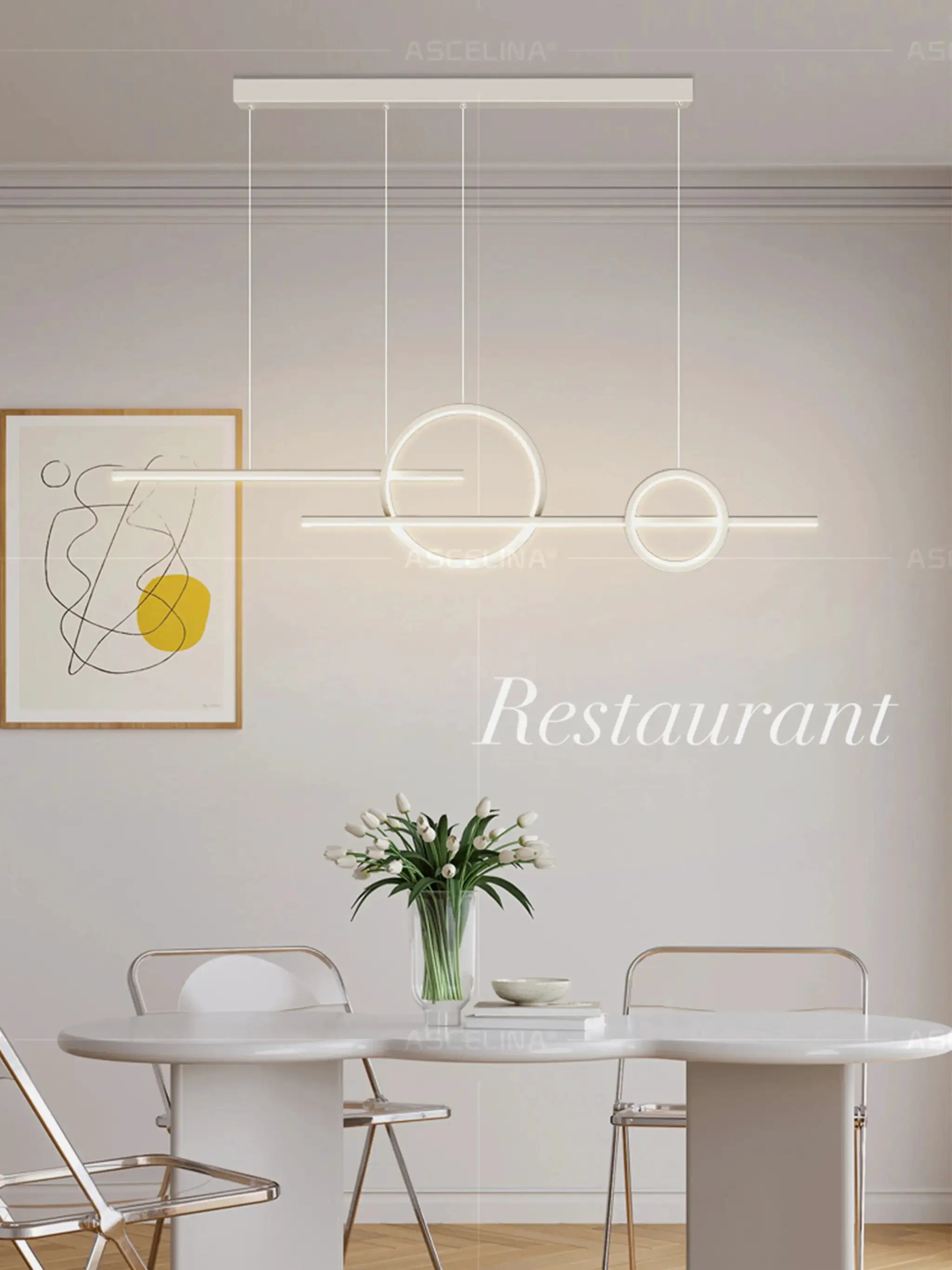 Modern LED chandelier with geometric circular rings and a linear bar, white finish, pendant dining room lighting