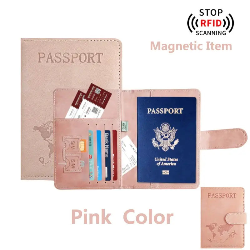 Pink Simples Market passport holder wallet with card slots and strap, RFID-blocking travel case.