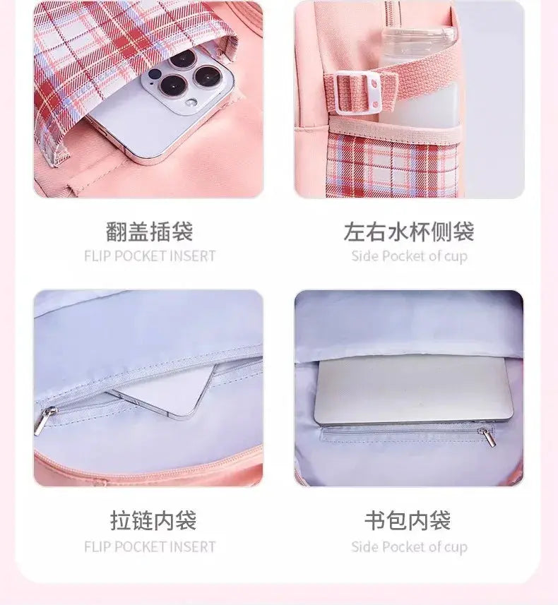 Pink checkered girls backpack by Simples Market, lightweight and waterproof with large capacity and flip pocket insert.