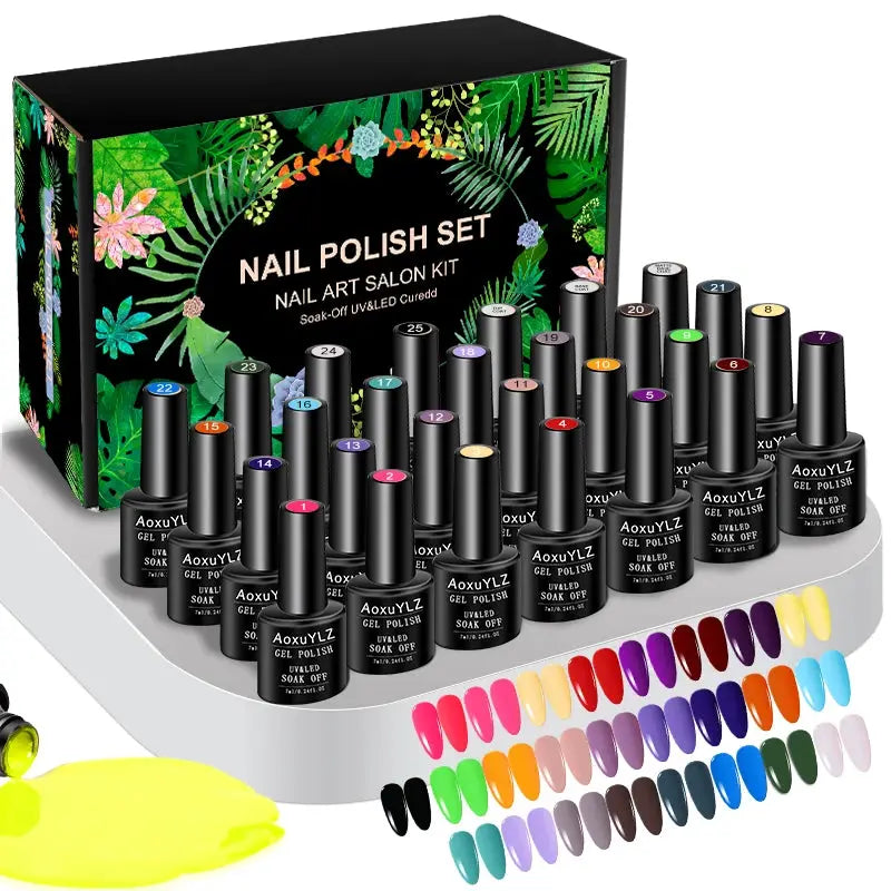 Gel nail polish set, 28-piece, in glass bottles by AoxuYLZ with UV/LED soak-off and assorted colors