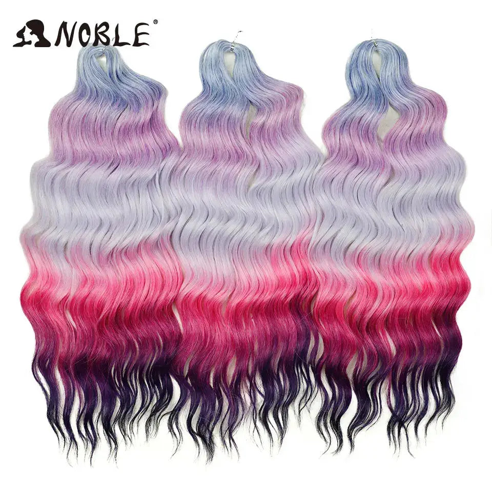 Noble Hair synthetic loose deep wave braiding hair extensions, 24 inches, ombre blue to pink to purple, 3 bundles