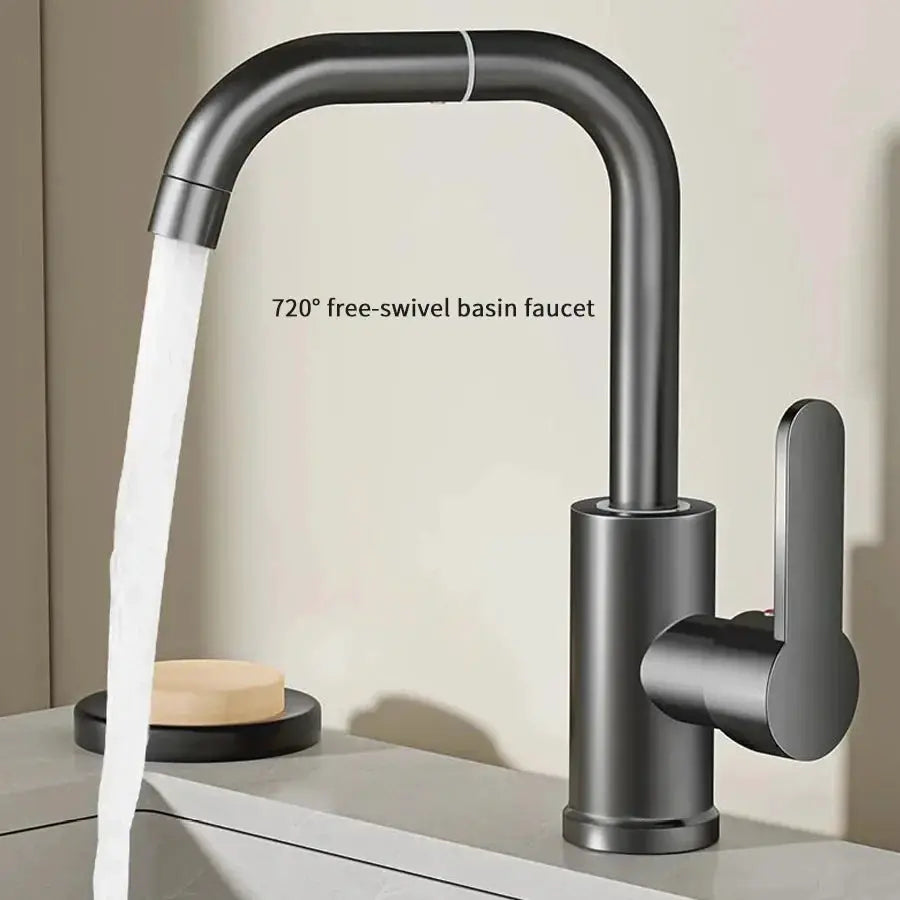 Simples Market 360° free-rotation basin faucet, matte gray metal kitchen/bathroom mixer