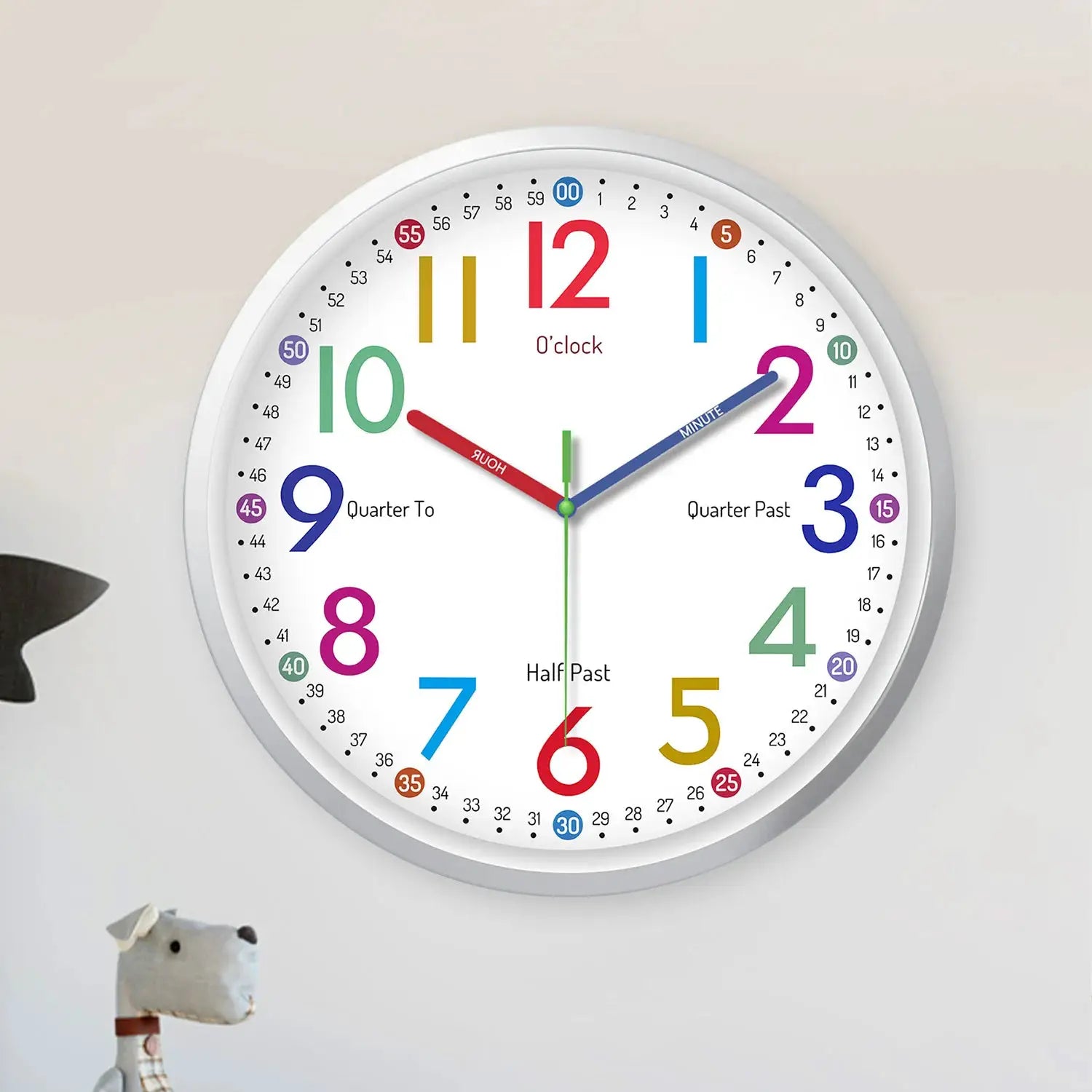 8-inch plastic wall clock with glass front, silver bezel, white dial and multicolor numerals.