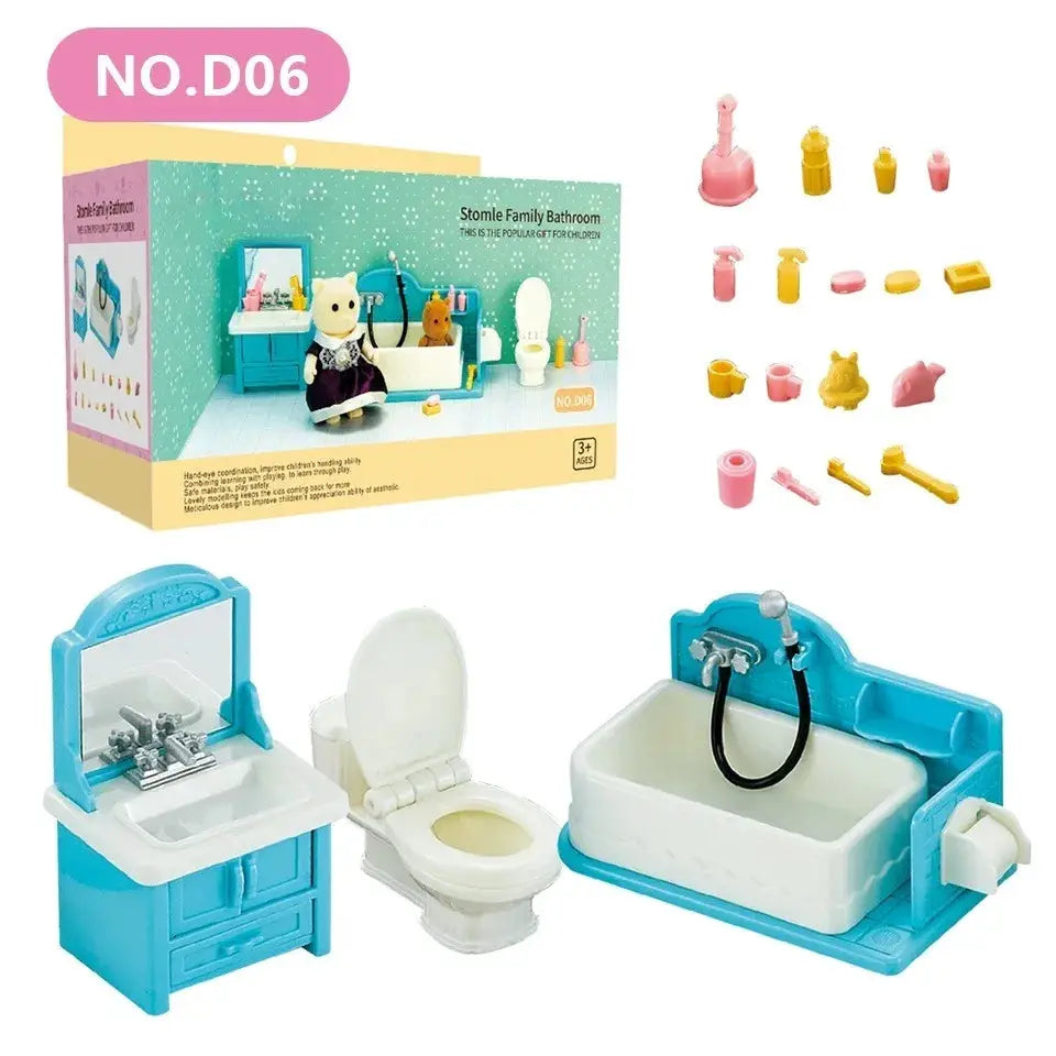 Dollhouse Furniture Set For Bathroom Kitchen Laundry With Fridge And Washing Machine Miniature Pretend Play Toys