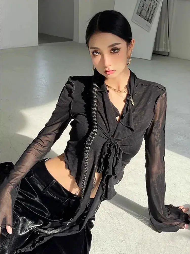 Korean Couture Lace Up Mesh Blouse With Long Flare Sleeve Slim Fit Top For Modern Sophisticated Style