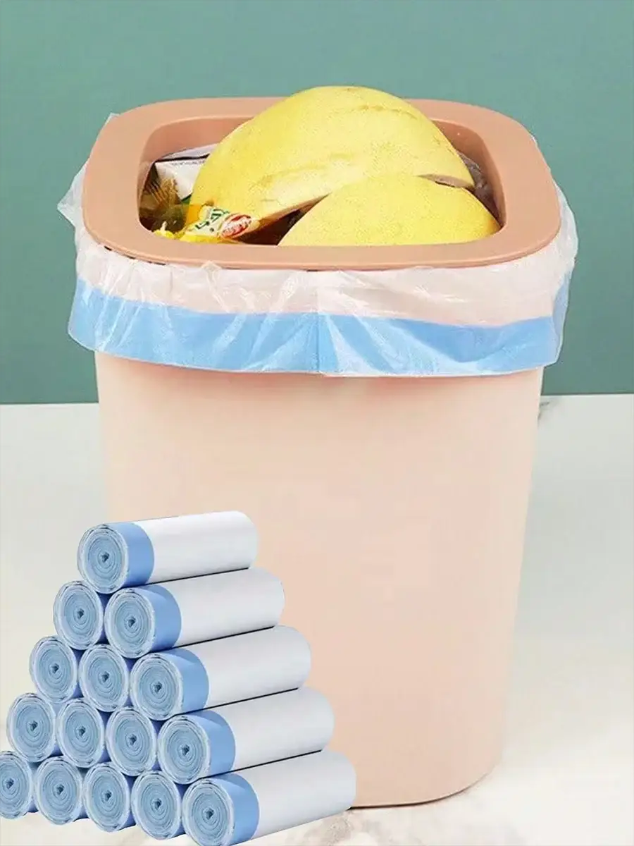 Simples Market thick tear-off trash bags, 15pcs/roll, blue drawstring liners inside a peach trash can; multiple rolls shown.
