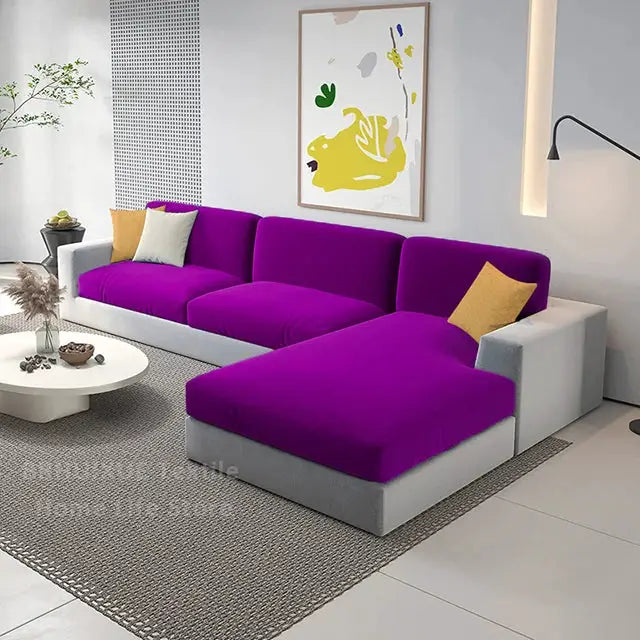 Simples Market velvet sofa seat cushion covers for L-shaped sectional, purple stretch fit