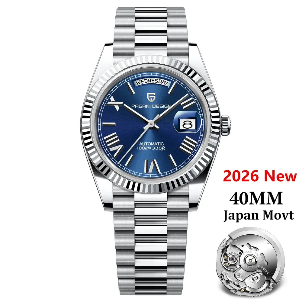 Pagani Design men's automatic watch DD40 with blue dial, stainless steel bracelet and day/date window