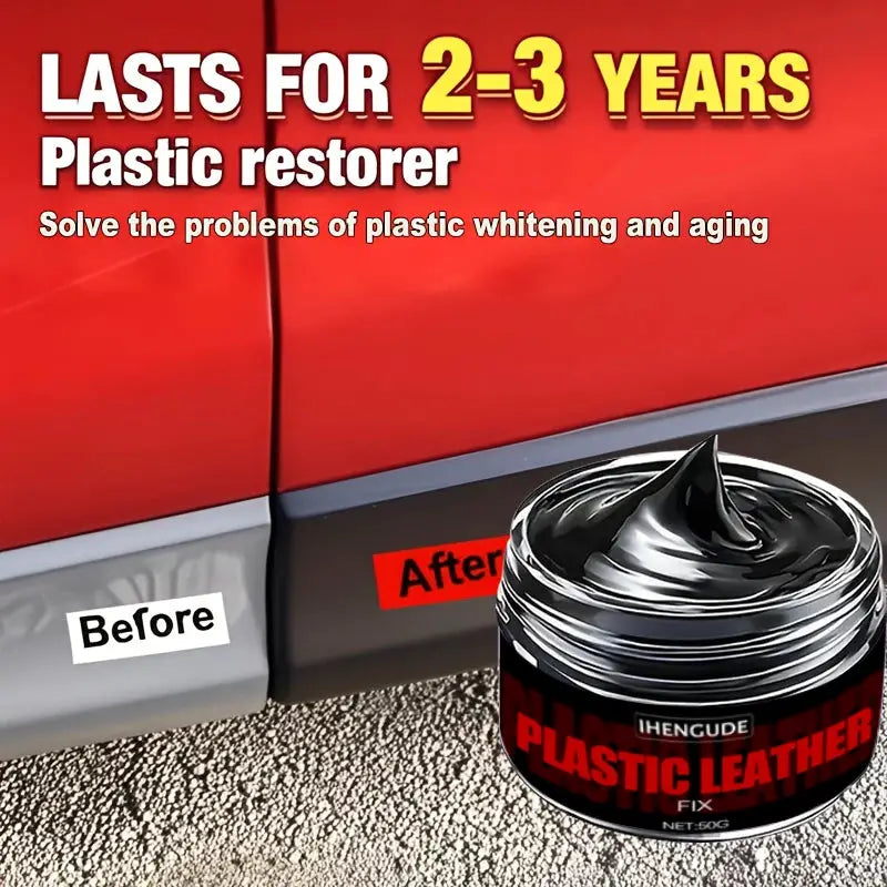 Car plastic repair agent by Simples Market; wax coating for interior panels, jar of black cream beside a red car door.