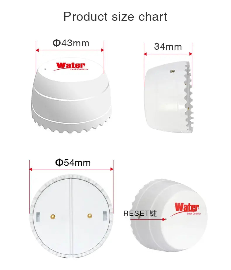 White round water leak detector flood sensor; Tuya WiFi smart home device with Alexa and Google compatibility Simples Market