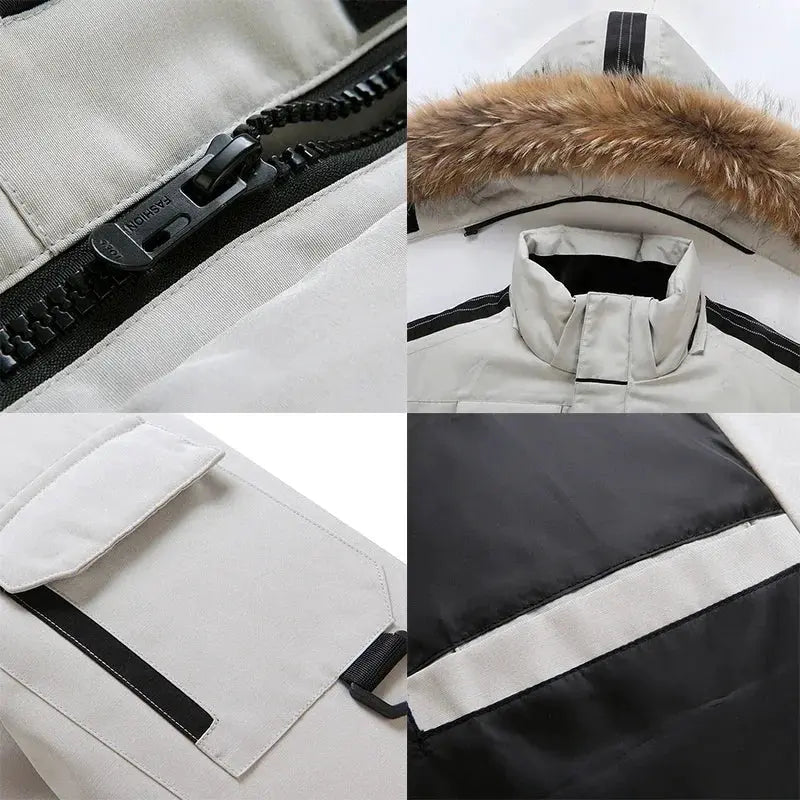 Simples Market men's thermal down jacket with fur-trimmed hood, light gray with black panels, 90% white duck down
