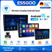 ESSGOO Android 15 wireless car stereo set of three 2-DIN units, 7/9/10 inch glass touchscreen, GPS, Wi-Fi, Bluetooth
