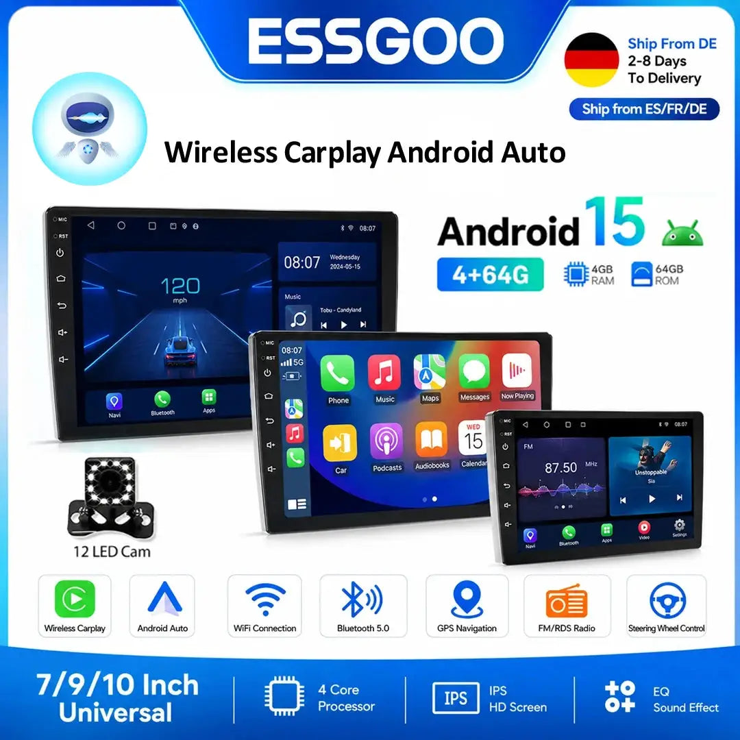 ESSGOO Android 15 wireless car stereo set of three 2-DIN units, 7/9/10 inch glass touchscreen, GPS, Wi-Fi, Bluetooth